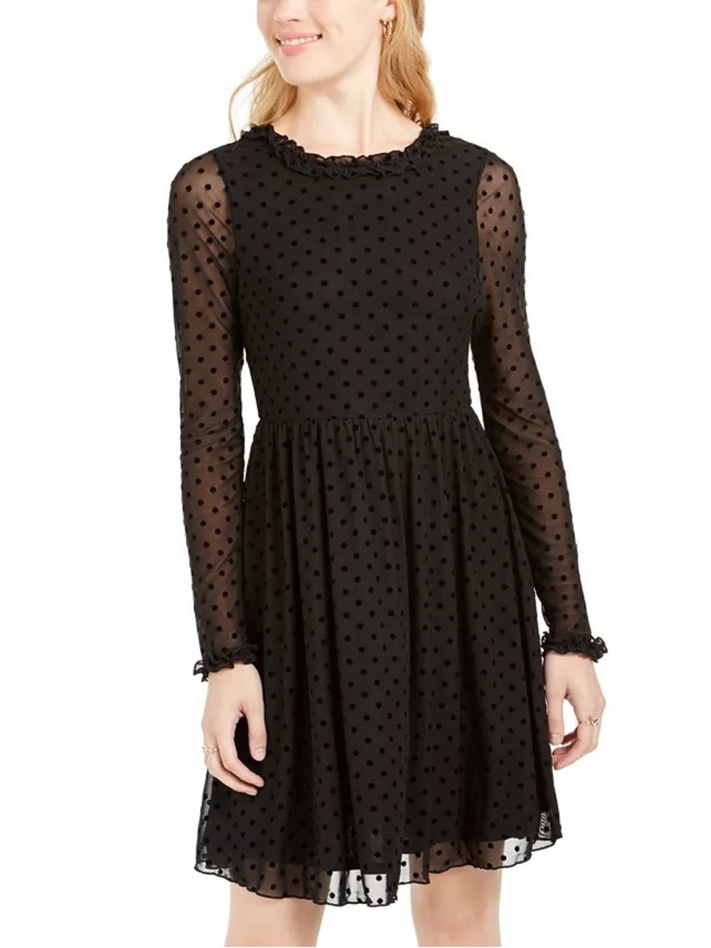 American Rag Black Polka Dot Mesh Long-Sleeve Fit & Flare Dress